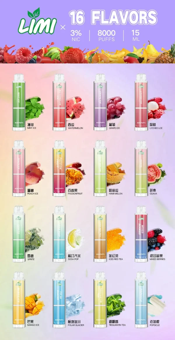 5cf39d64708a80059551a64793f0a4a7 LIMI 8000口拋棄式電子煙|15ml油倉 3%尼古丁鹽 發光設計 Type-C快充 台灣現貨