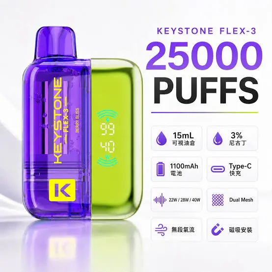 KEYSTONE FLEX-3 鑰石 25000口磁吸換彈拋棄式電子煙套裝｜22W/28W/40W三段功率調節 Mesh網狀芯 15ml透明油艙 1100mAh Type-C充電 台灣現貨【買一盒煙彈送主機】